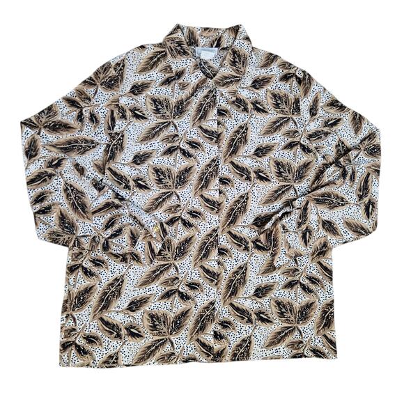 1980s Vintage Leaf Print Blouse Gold Crest Buttons Poplin Blouse Size 16 - Picture 1 of 9